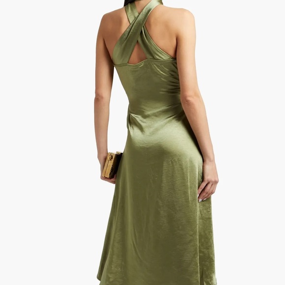ANDREA IYAMAH Olen tie-neck crinkled-satin wrap midi dress in green size S NEW - Picture 4 of 5